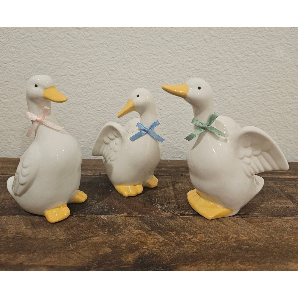 Vintage White Ceramic Duck Trio Figurines Pastel Bows Cottagecore Set of 3